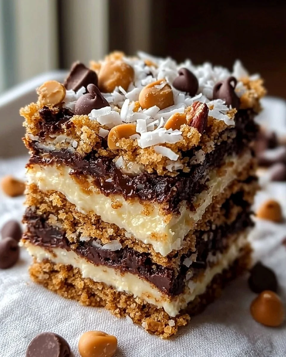 Delicious 7-layer bars, also called magic cookie bars, with chocolate, coconut, and nuts.