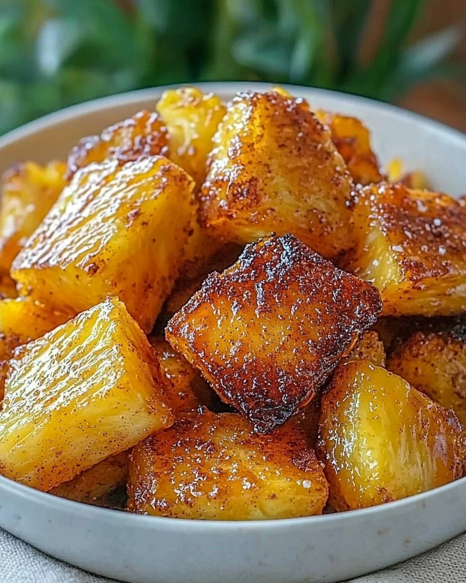 Air fryer pineapple chunks served on a plate, ready to enjoy as a healthy snack.