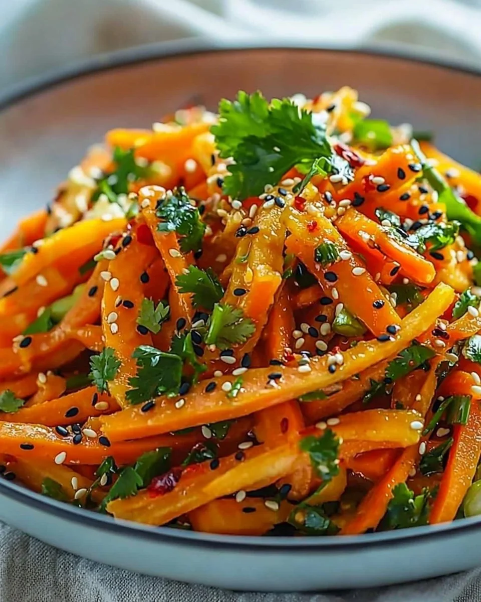 Colorful Asian carrot salad with fresh vegetables and dressing