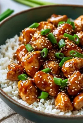 High protein sesame chicken dish garnished with sesame seeds and greens
