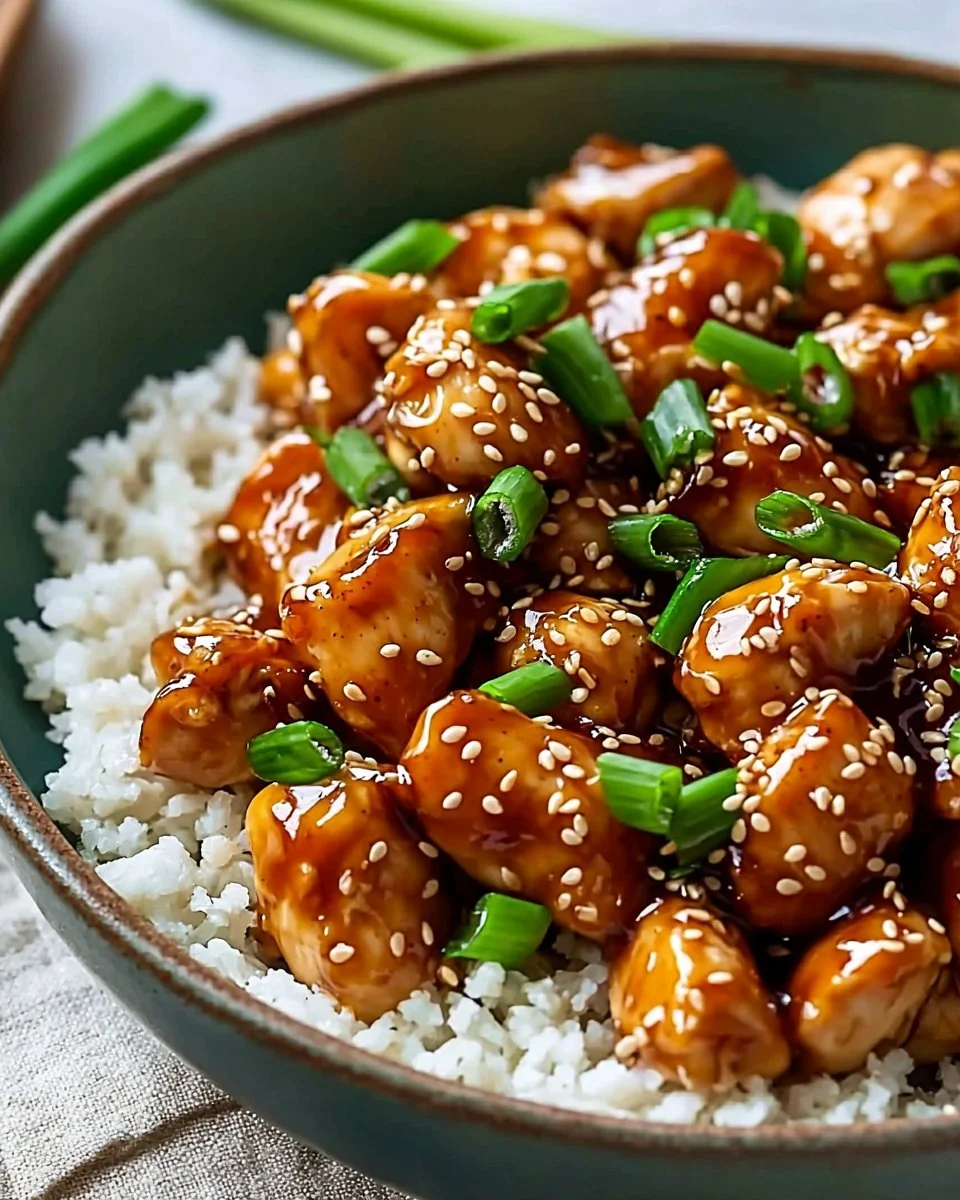 High protein sesame chicken dish garnished with sesame seeds and greens
