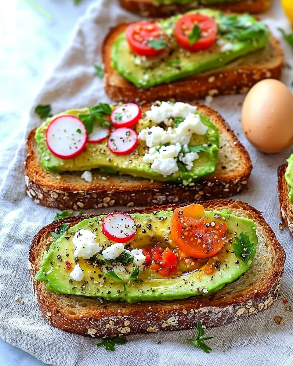 Delicious avocado toast topped with fresh ingredients on a wooden table.