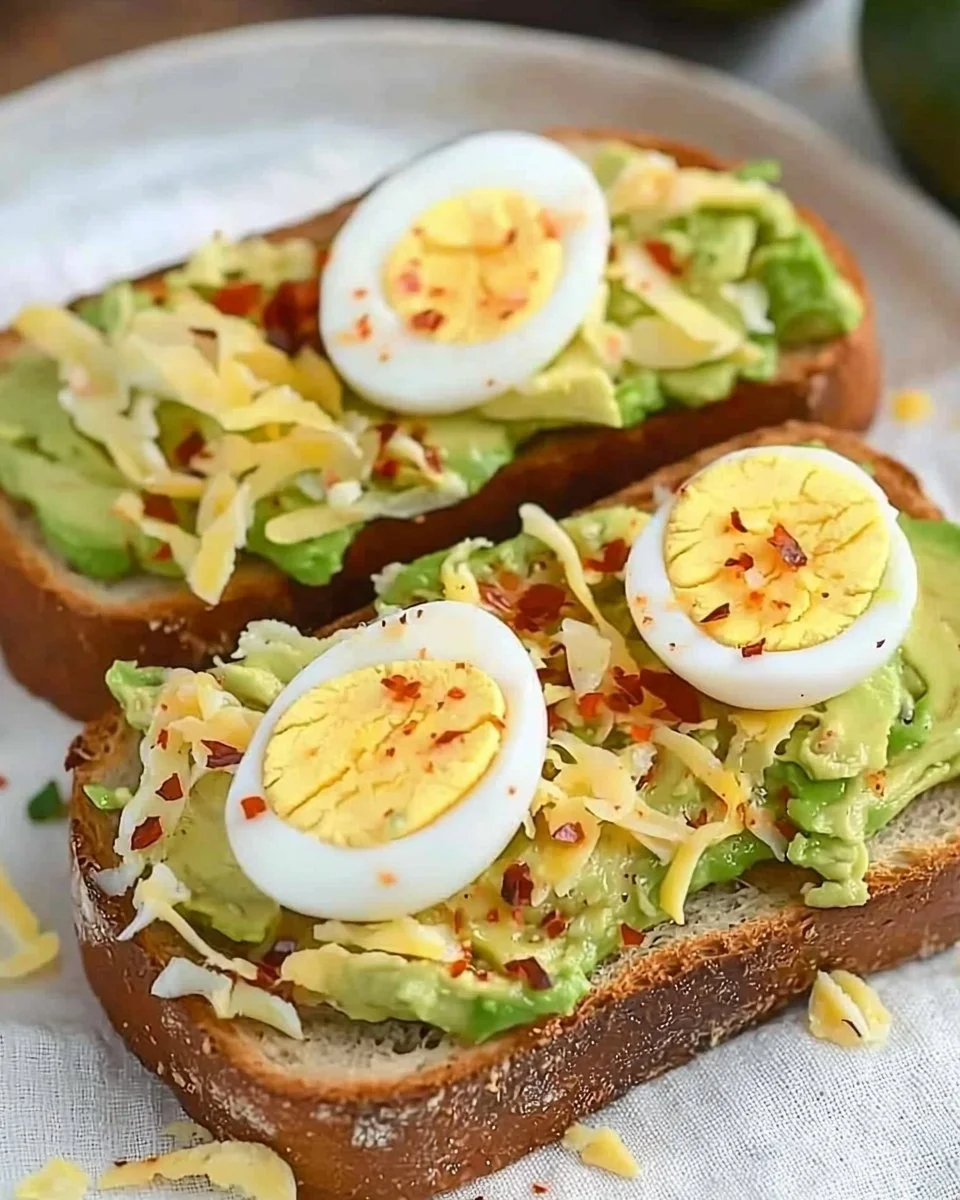 Avocado toast topped with a perfectly cooked egg.