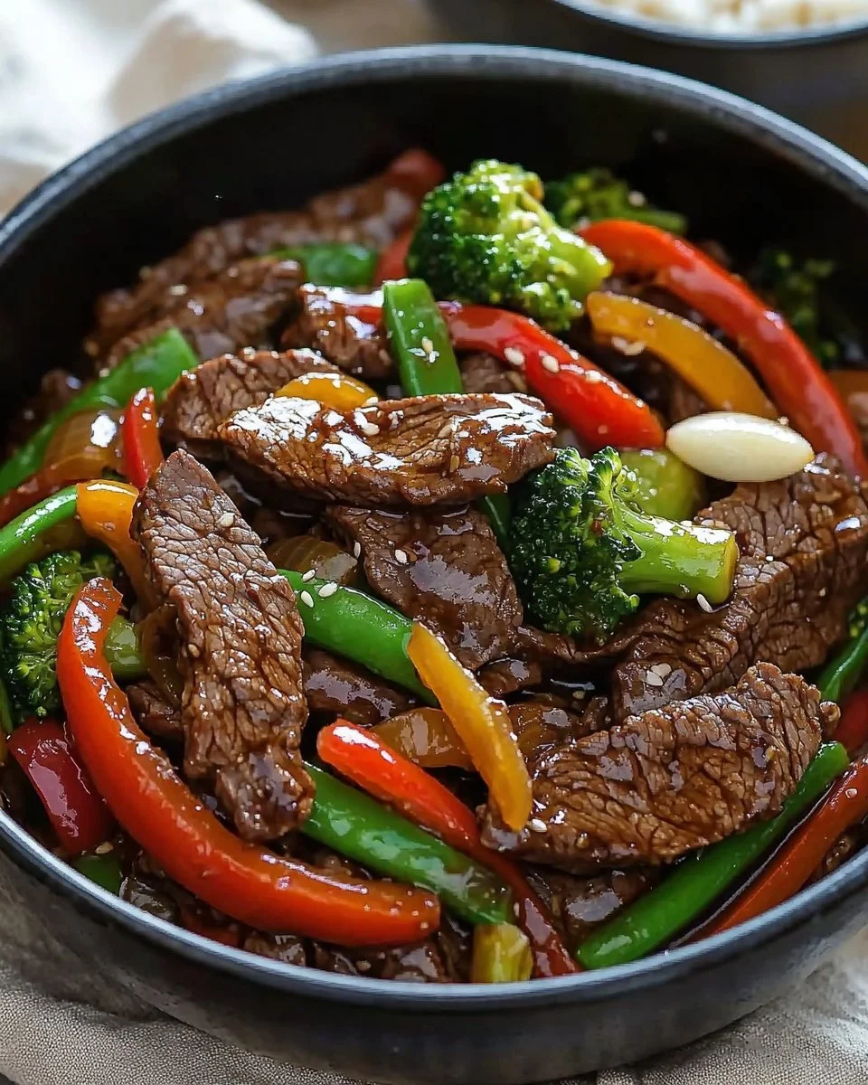 Delicious beef stir fry with fresh vegetables and savory sauce in a skillet