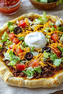 Delicious Crescent Roll Taco Pizza topped with cheese, beef, and fresh veggies