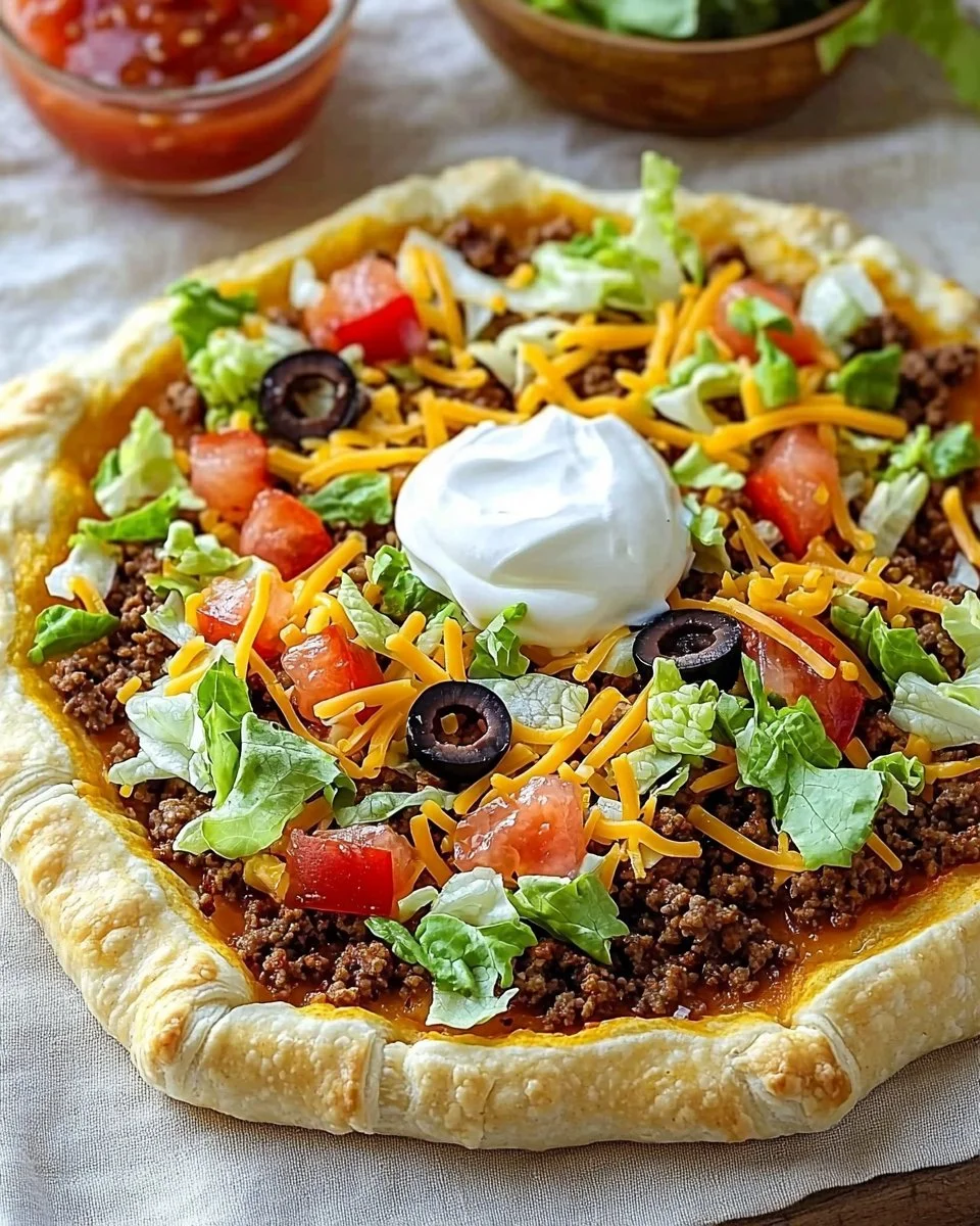 Delicious Crescent Roll Taco Pizza topped with cheese, beef, and fresh veggies