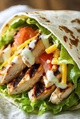 Delicious grilled chicken wraps filled with fresh vegetables and sauces on a plate.