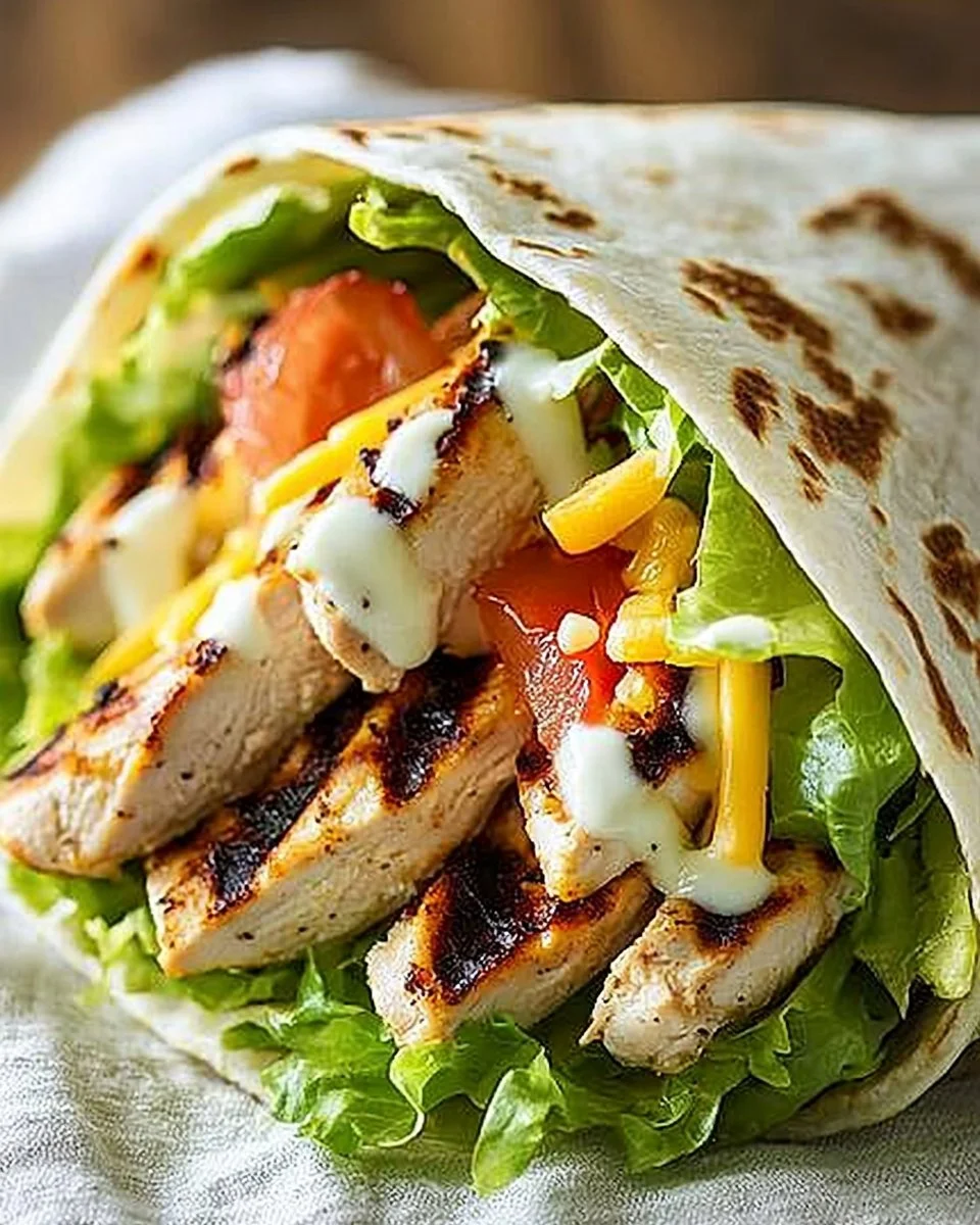 Delicious grilled chicken wraps filled with fresh vegetables and sauces on a plate.