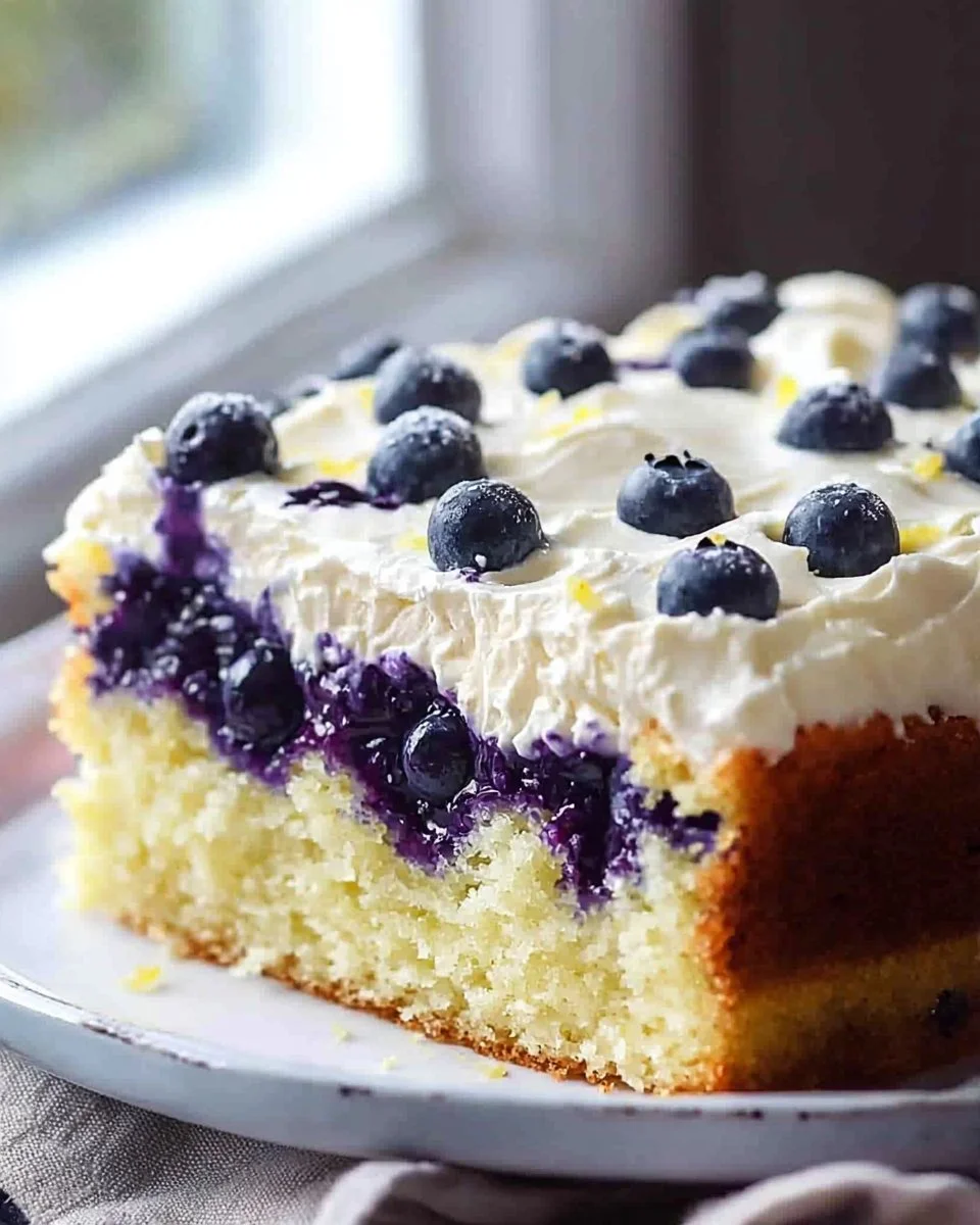 Delicious slice of best lemon blueberry cake with fresh blueberries