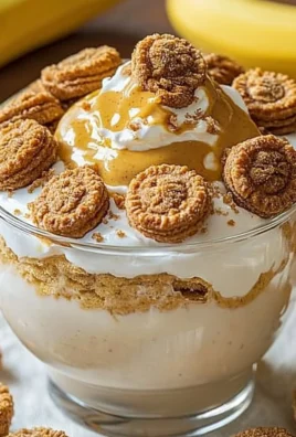 Delicious Biscoff Banana Pudding topped with crushed cookies and bananas.