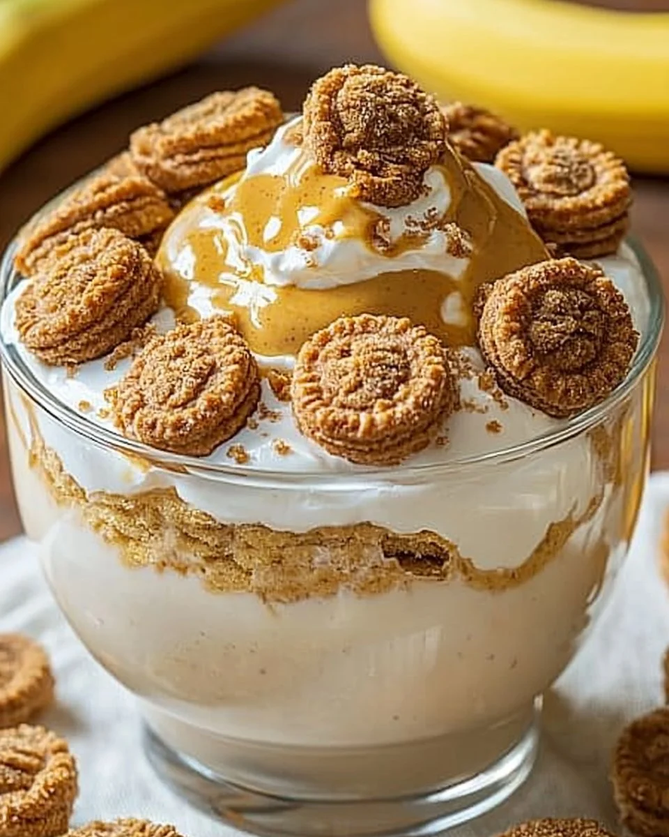 Delicious Biscoff Banana Pudding topped with crushed cookies and bananas.