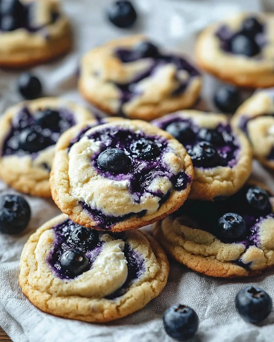 Delicious blueberry cheesecake cookies topped with fresh blueberries.