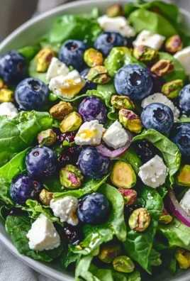 Blueberry pistachio spring salad with fresh greens and vibrant colors