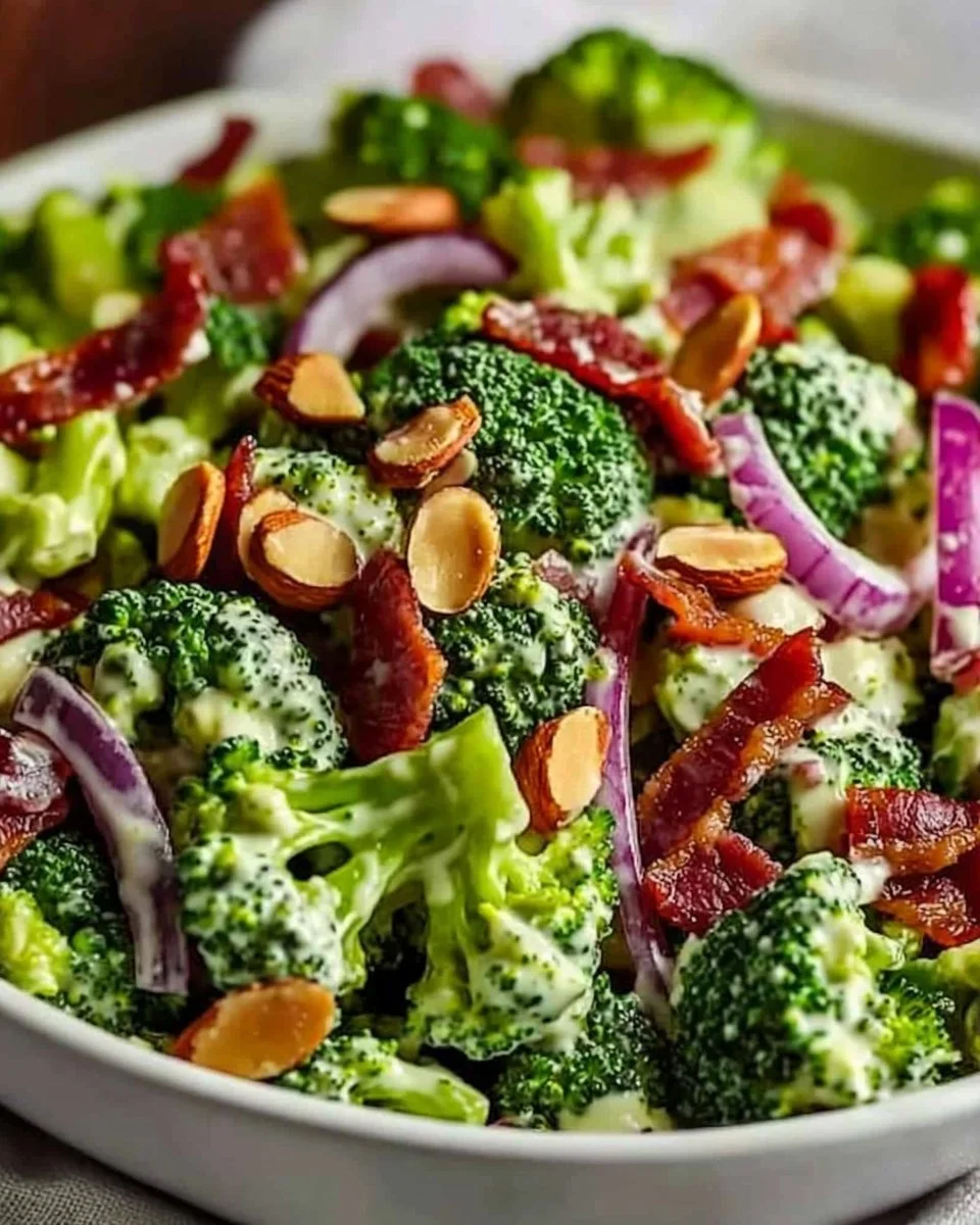 Fresh and colorful broccoli salad with nuts and dressing