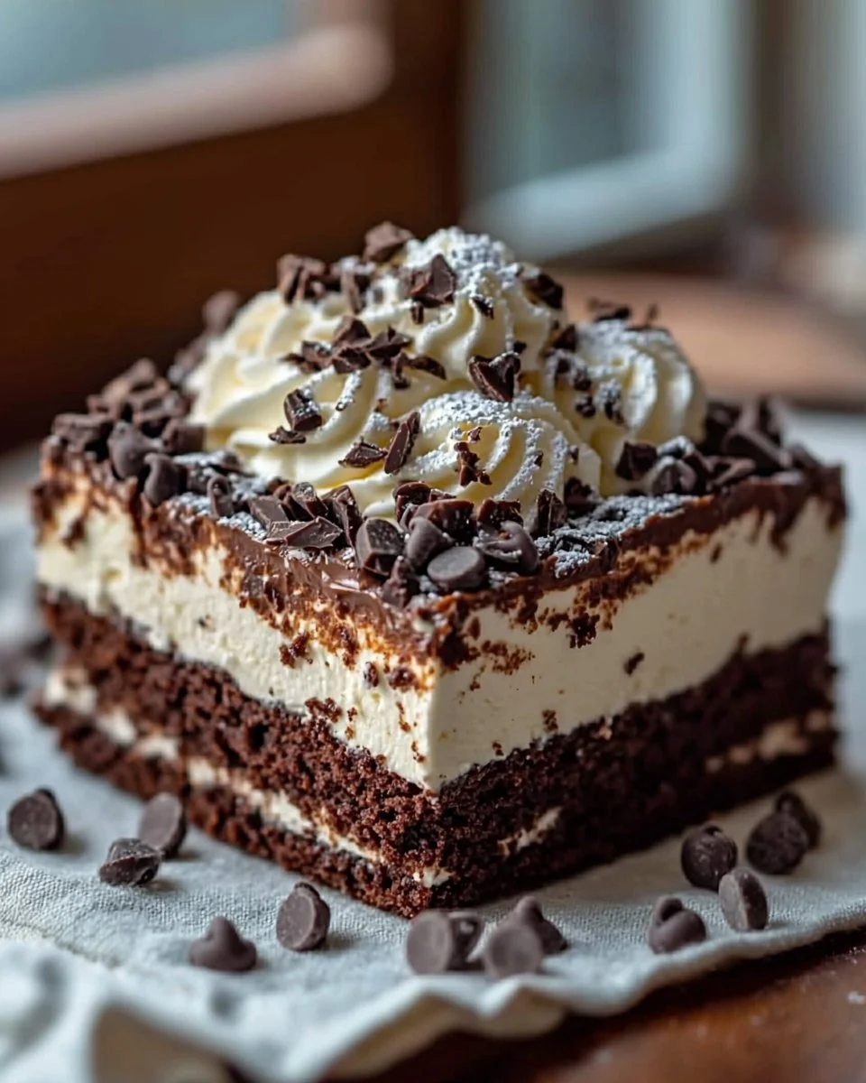 Delicious Brownie Refrigerator Cake layered with creamy frosting and toppings.