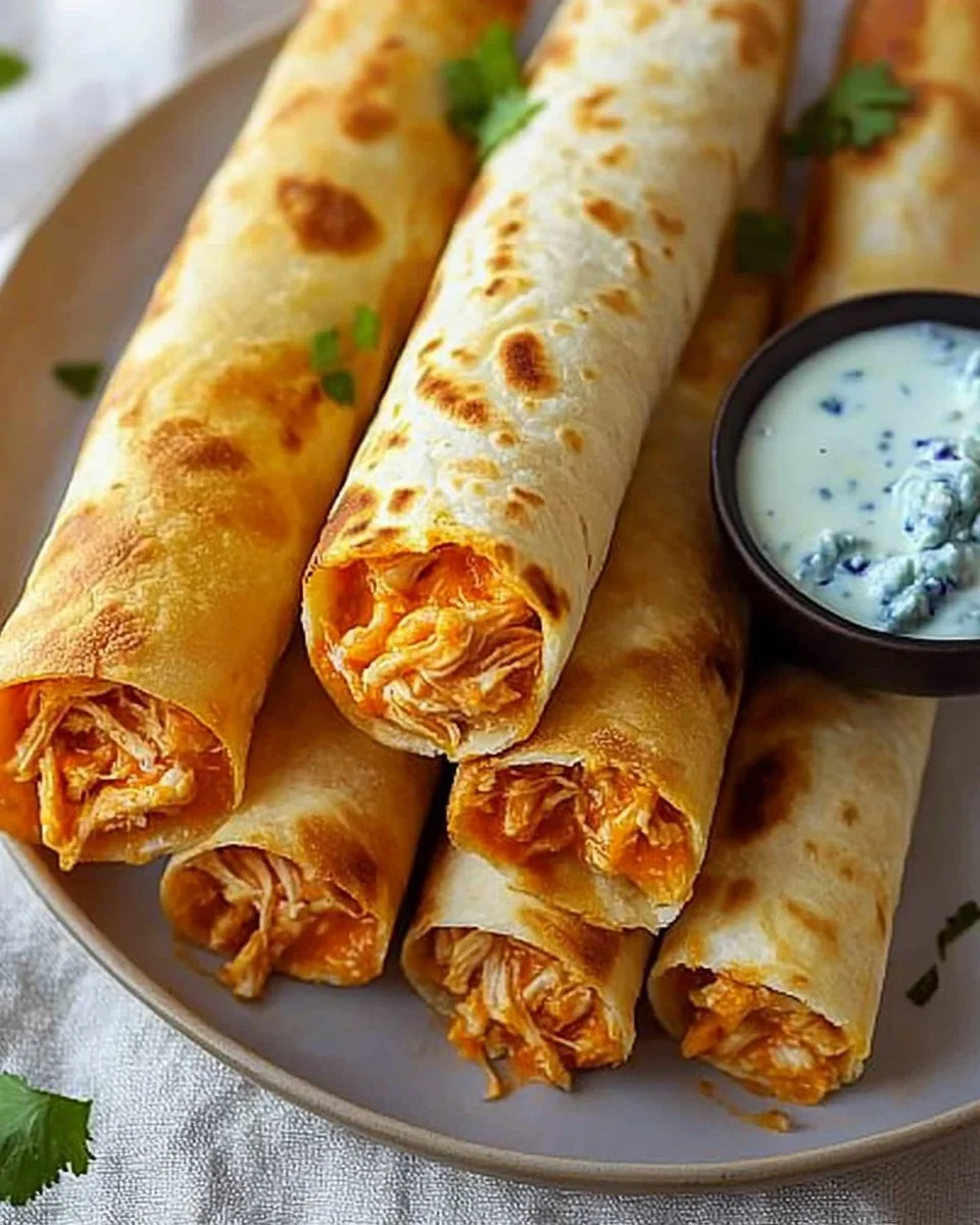 Delicious Buffalo Chicken Taquitos served with dipping sauce