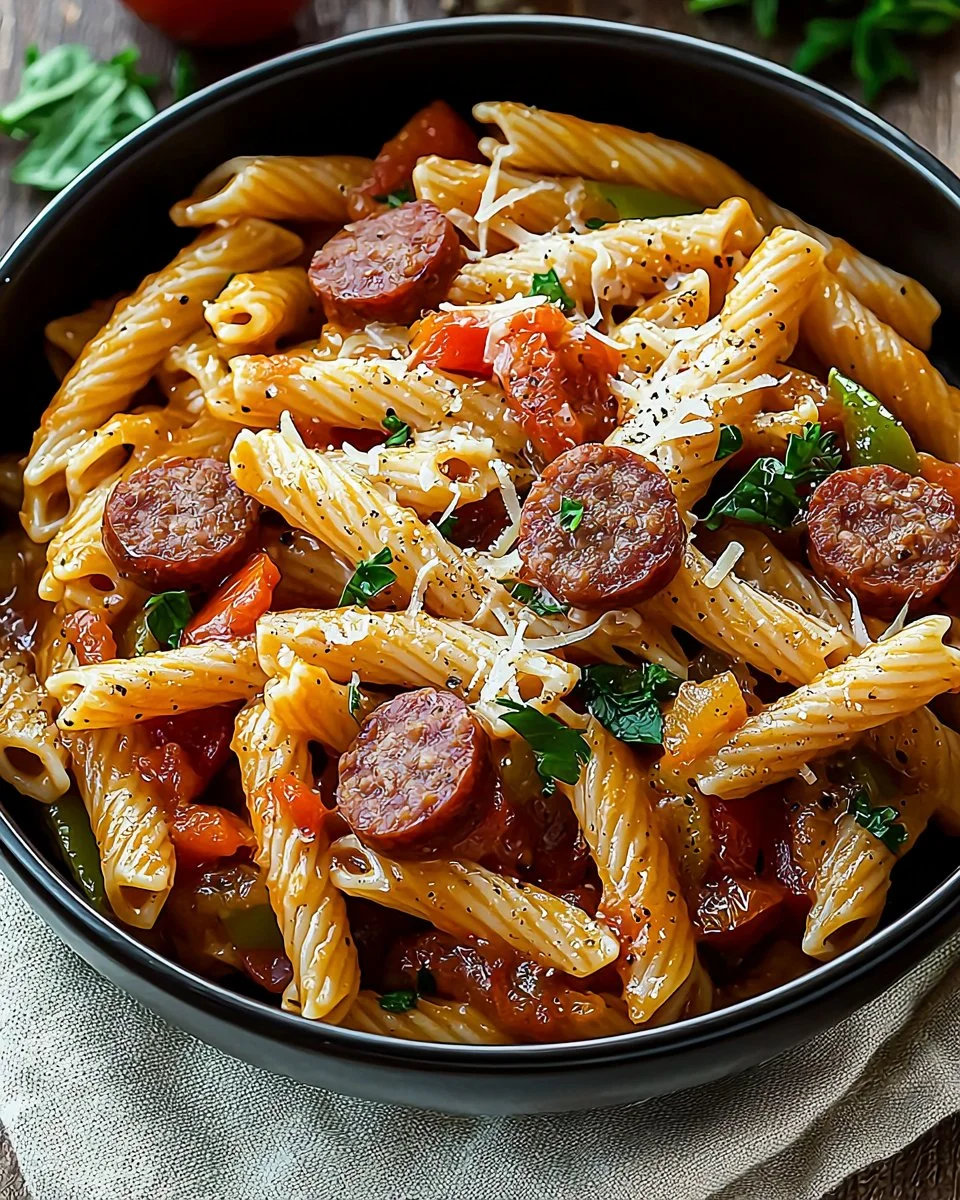 Delicious Cajun Sausage Pasta with rich sauce and vibrant colors