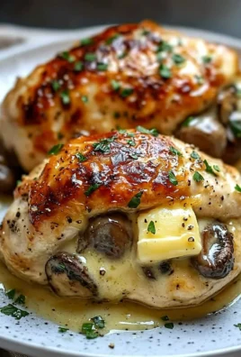 Cheesy garlic butter mushroom stuffed chicken served on a plate