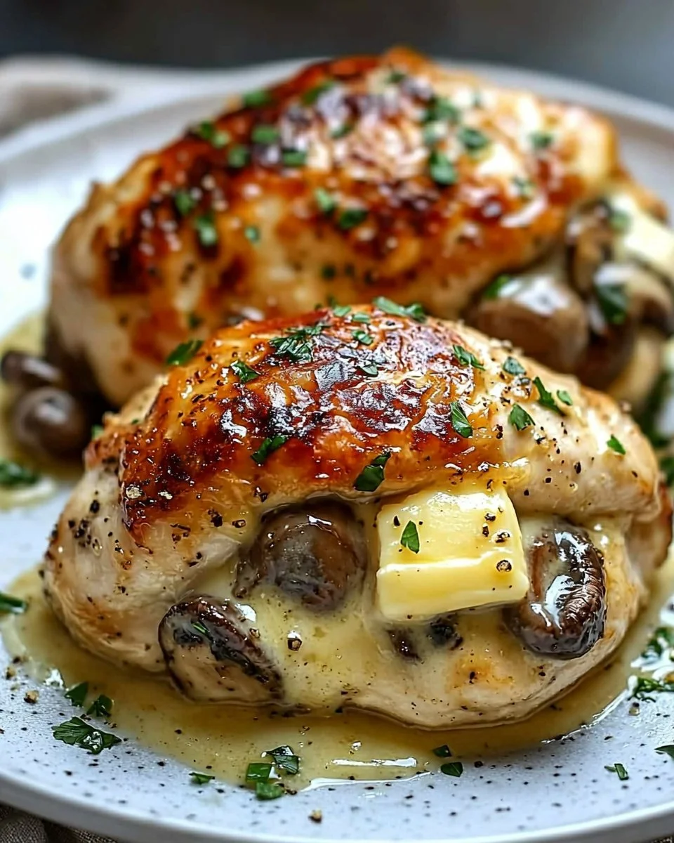 Cheesy garlic butter mushroom stuffed chicken served on a plate