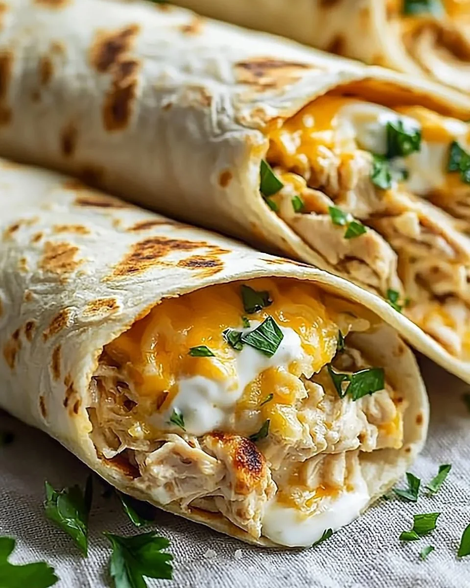 Cheesy garlic chicken wraps filled with tender chicken and melted cheese