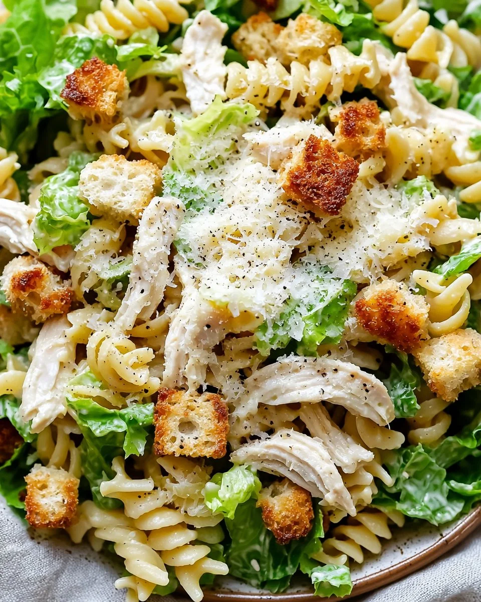 Delicious Chicken Caesar Pasta Salad served in a bowl with fresh ingredients and dressing.