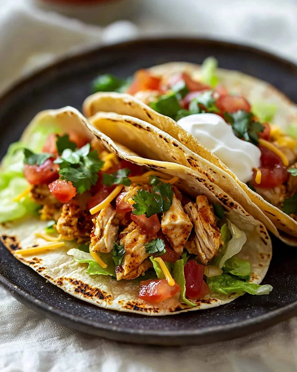 Delicious chicken tacos topped with fresh vegetables and sauces