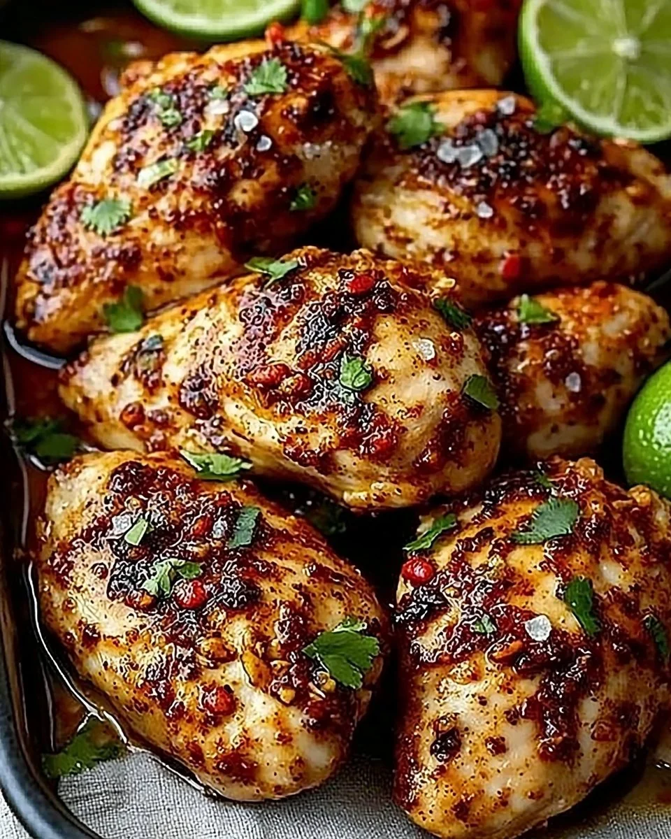 Grilled Chili Lime Chicken served on a plate garnished with lime and cilantro.