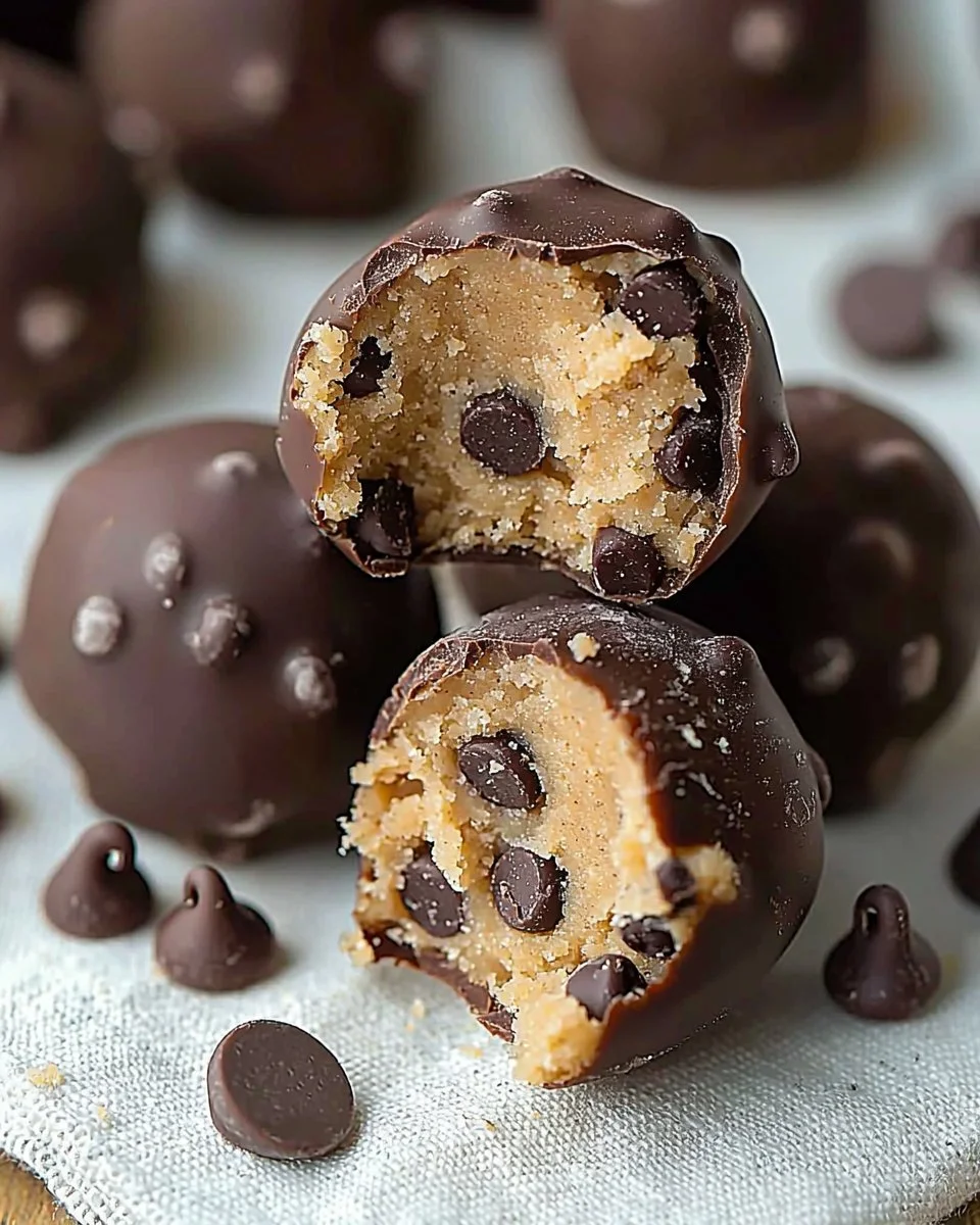 Delicious chocolate chip cookie dough truffles arranged on a plate.