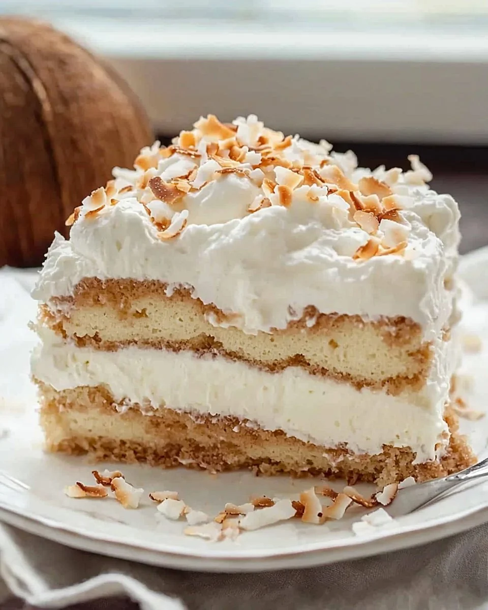 Delicious Coconut Tiramisu dessert topped with coconut flakes