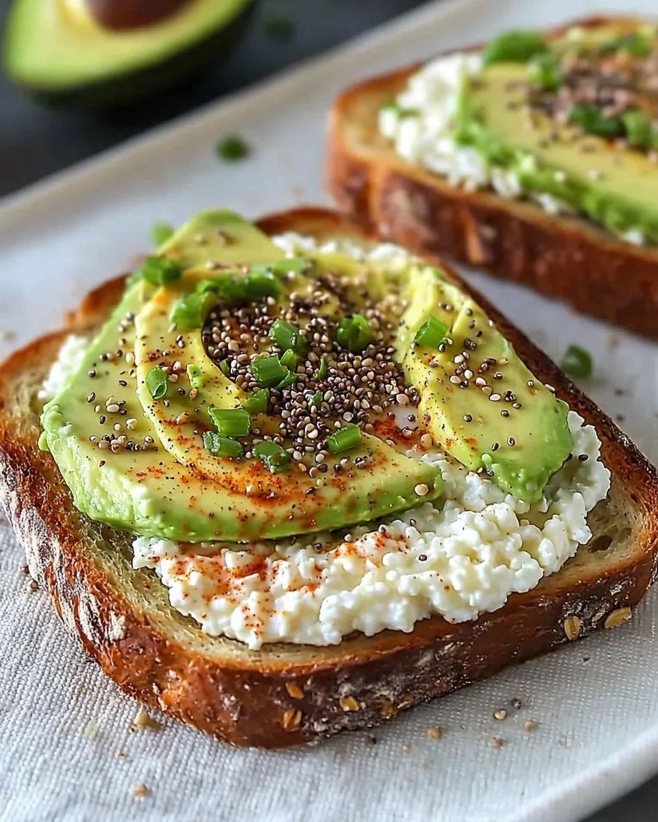 Delicious cottage cheese avocado toast topped with herbs and spices