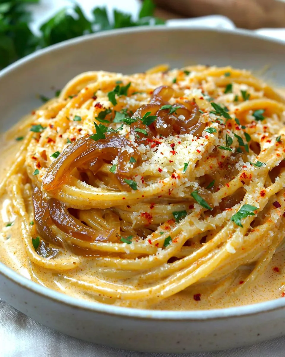 Creamy caramelized onion pasta served in a bowl with herbs