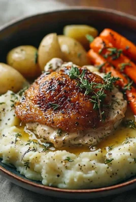 Creamy herb chicken dish with mashed potatoes and honey glazed carrots