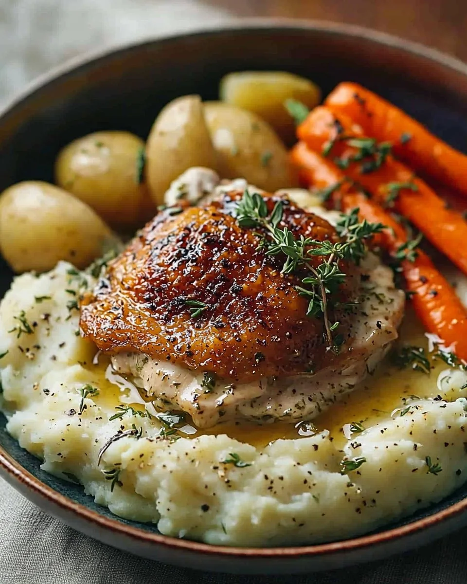 Creamy herb chicken dish with mashed potatoes and honey glazed carrots