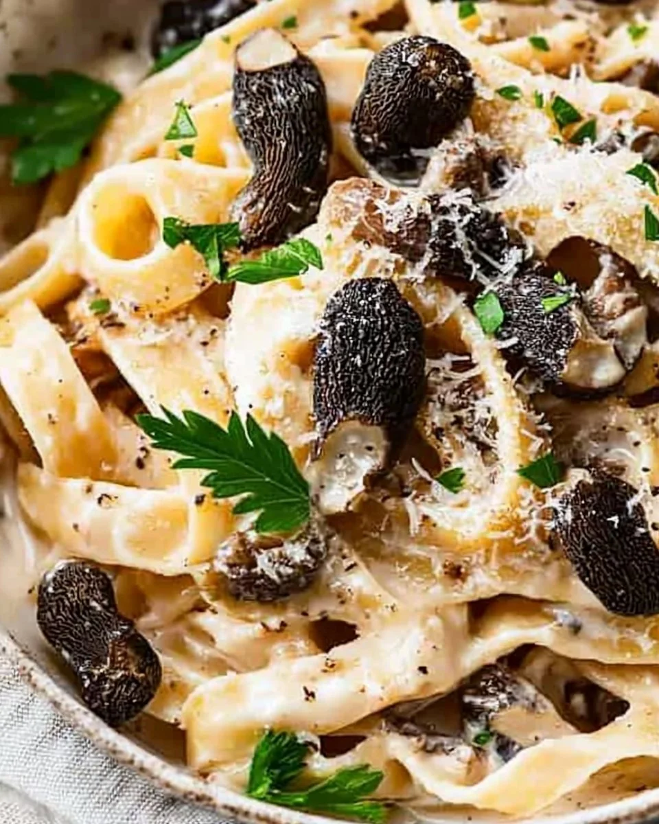 Creamy morel mushroom pasta dish garnished with fresh herbs