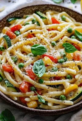 Creamy pasta primavera dish with fresh vegetables and a rich sauce