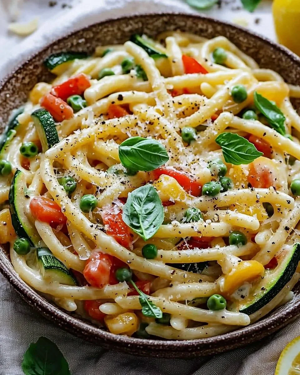 Creamy pasta primavera dish with fresh vegetables and a rich sauce