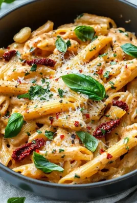 Creamy vegan sun-dried tomato pasta dish garnished with fresh basil
