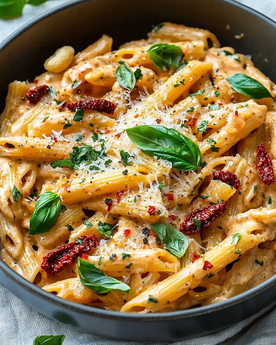 Creamy vegan sun-dried tomato pasta dish garnished with fresh basil