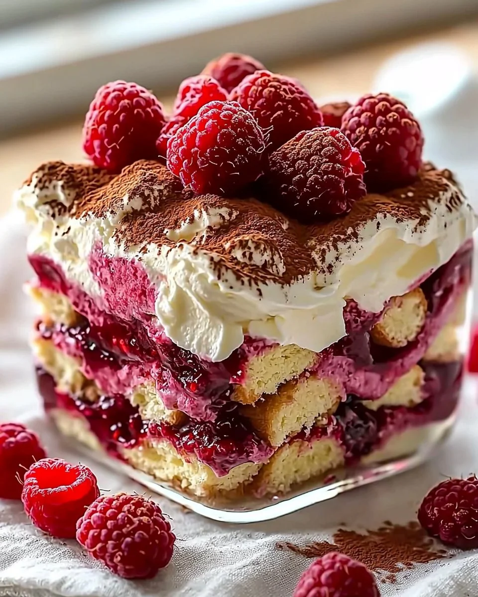 Delectable raspberry tiramisu dessert served in a glass