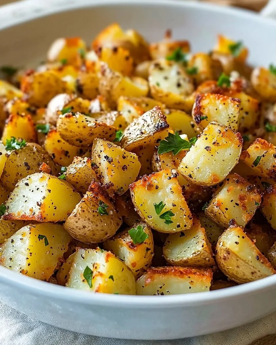 Plate of easy breakfast potatoes garnished with herbs and spices