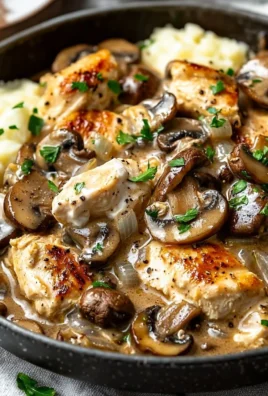 Bowl of creamy chicken stroganoff served with noodles and garnished with parsley
