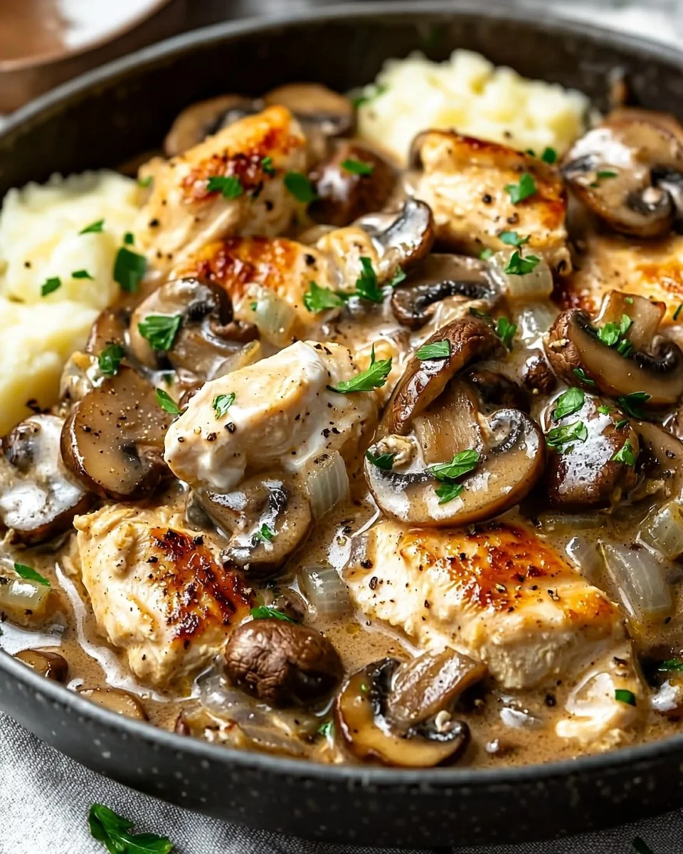 Bowl of creamy chicken stroganoff served with noodles and garnished with parsley