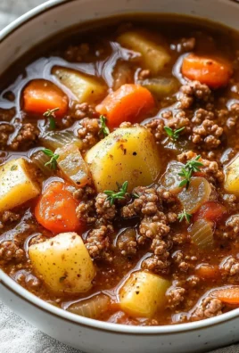 A delicious bowl of easy ground beef stew with vegetables and rich broth.