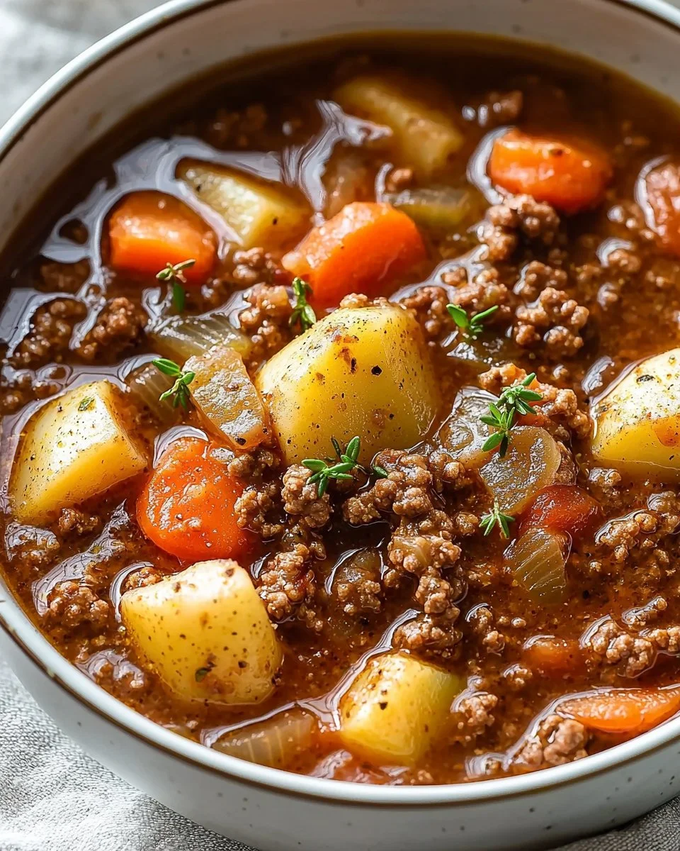 A delicious bowl of easy ground beef stew with vegetables and rich broth.