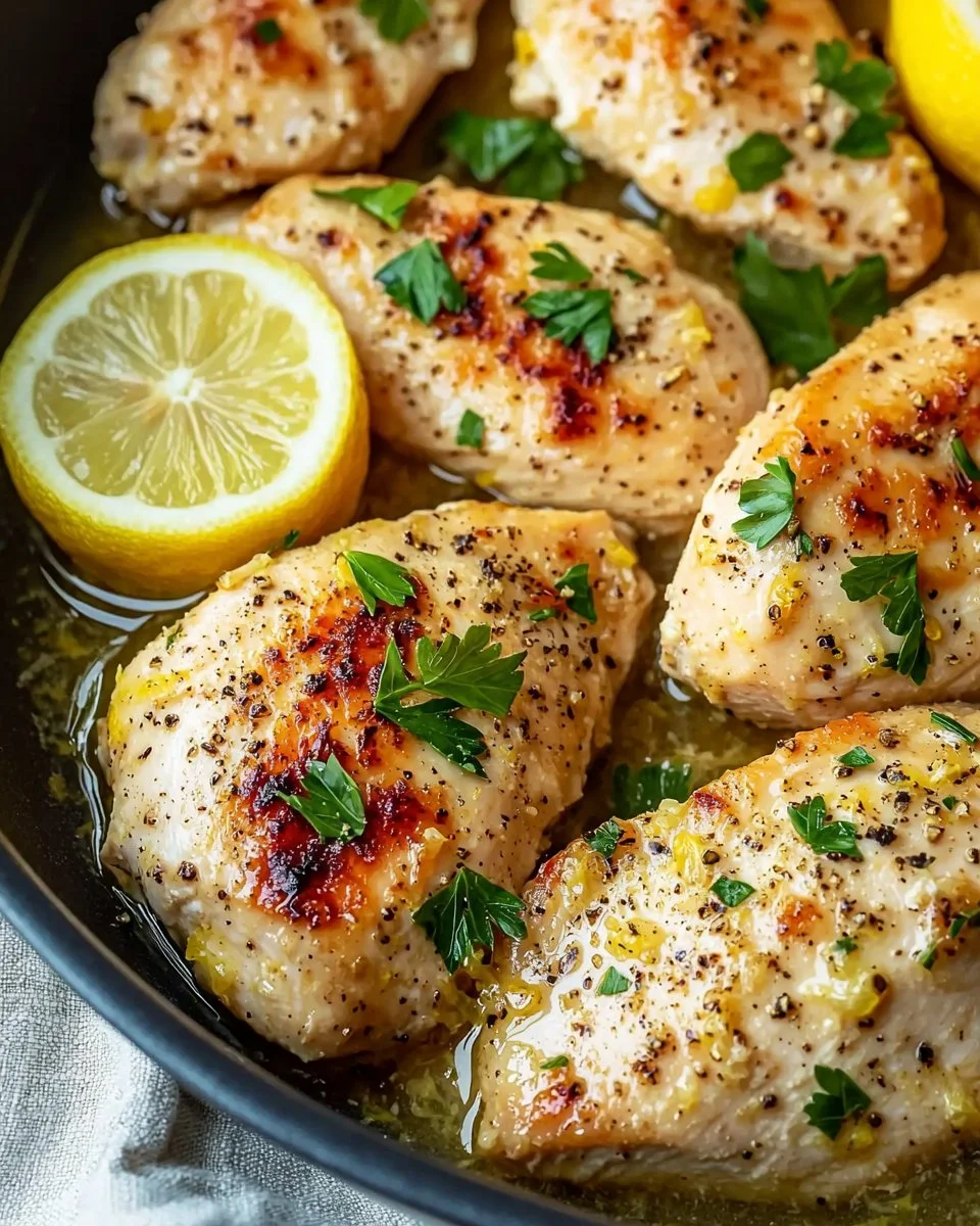 Delicious easy lemon chicken dish served with fresh herbs and lemon wedges.