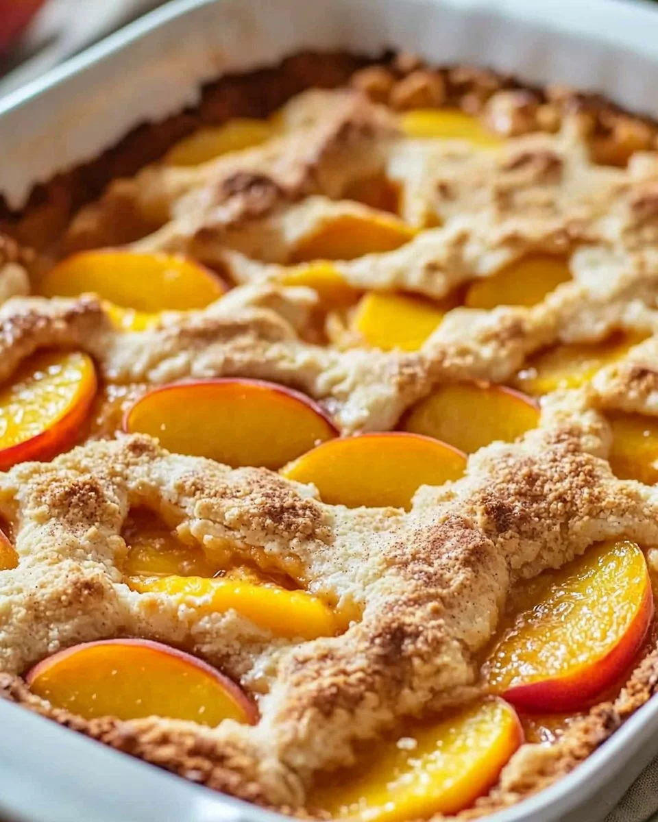 Delicious easy peach cobbler made with canned peaches on a wooden table