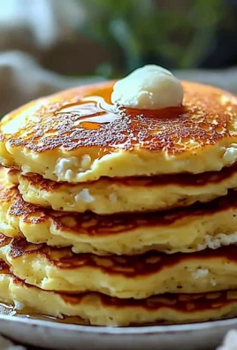 Flourless cottage cheese pancakes stacked on a plate with syrup