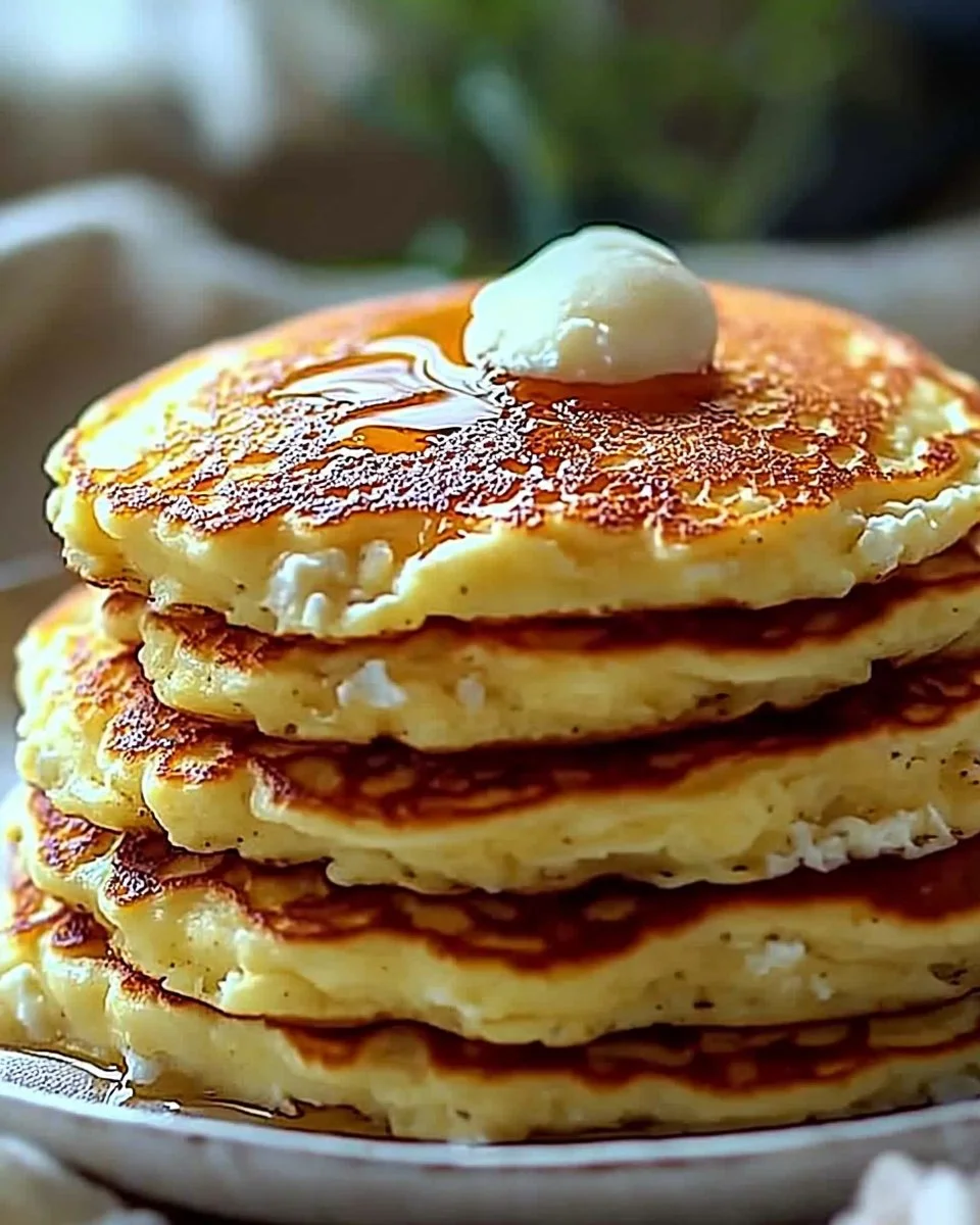 Flourless cottage cheese pancakes stacked on a plate with syrup