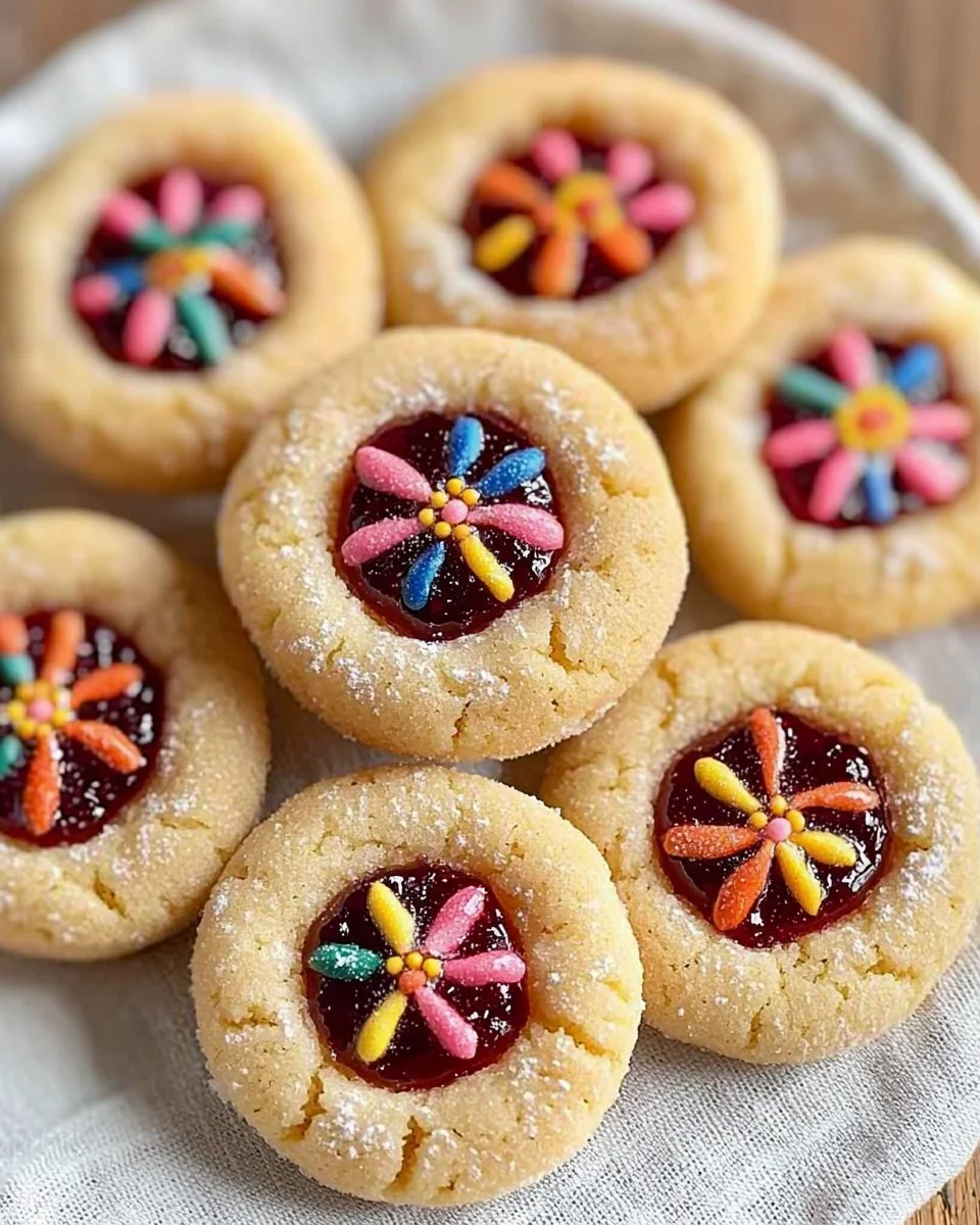 Flower Jam Thumbprint Cookies topped with colorful jam