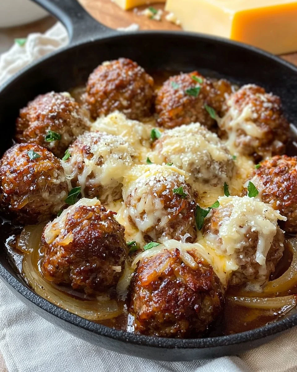 Plate of savory French onion meatballs topped with melted cheese